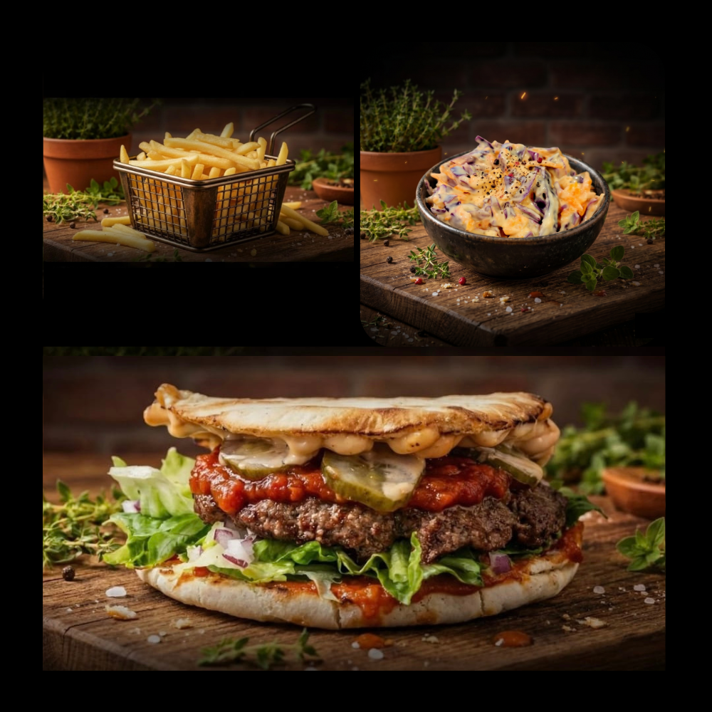 BBQ burger z frytkami i colesławem